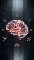 Glowing human brain with neural networks on futuristic circuit board background representing artificial intelligence and machine learning technology.