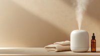 White aromatherapy diffuser releasing steam with essential oil bottle and towels on wooden surface creating peaceful spa atmosphere for wellness relaxation.