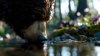 Brown bear drinking water from forest stream with bokeh light effects in background, close-up view of snout and fur reflecting in surface.