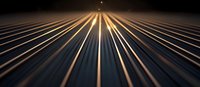 Abstract golden light rays spreading on dark background with glowing center point, creating dramatic perspective lines and futuristic technological effect.