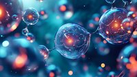Glowing microscopic spherical cells with orange light effects floating in blue aqua environment, scientific molecular background for medical and biology presentations.