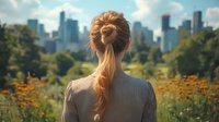 Young woman with blonde ponytail gazing at urban skyline from wildflower meadow, wearing striped shirt, back view. Contemplative moment amid nature and city contrast.