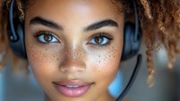 Young African American woman with natural freckles and curly hair wearing headset, close-up portrait with soft lighting and blue background, expressing friendly customer service attitude.