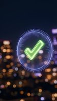 Glowing green checkmark in futuristic holographic circle against blurred city lights at night for business success and approval concepts.