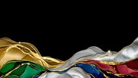 Abstract flowing liquid metal waves in gold silver green blue red colors on black background for luxury design projects.