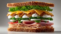 Delicious multi-layer deli sandwich with turkey, ham, cheese, lettuce, tomato and cucumber on seeded whole grain bread isolated on neutral background.