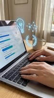 Professional working on laptop with digital innovation icons floating above workspace showing lightbulb, network connections and laurel wreath symbols.