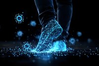 Running foot leaving glowing blue trail with coronavirus particles on black background, conceptual visualization of virus transmission through movement.
