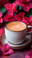 Creamy hot chocolate in speckled ceramic cup surrounded by vibrant pink tropical flowers creates cozy atmosphere for food photography and lifestyle blogs.