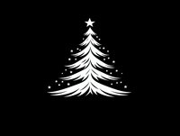 White Christmas tree silhouette with star and decorations on black background, isolated design element for holiday greeting cards and festive projects.