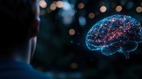 Glowing holographic brain projection with neural network connections floating in dark space against blurred bokeh lights and silhouette of person observing.