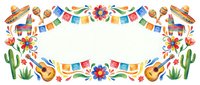 Colorful Mexican fiesta frame with sombreros, guitars, cacti, maracas and papel picado banners on white background for Cinco de Mayo celebrations.