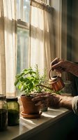 Senior hands watering herbs on sunny windowsill with copper watering can in cozy kitchen setting for gardening and plant care concepts.