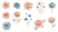 Watercolor floral elements set with pink and blue roses, peonies and botanical stems on white background for wedding invitations and romantic designs.