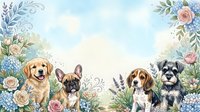 Watercolor dogs with flowers border frame, golden retriever, French bulldog, beagle, schnauzer, pastel floral background with copy space for text.