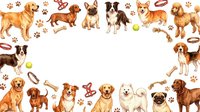 Adorable dog breeds border frame with paw prints, bones and toys on white background. Perfect for pet care, veterinary and animal lover designs.