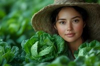Young woman with Southeast Asian ethnicity wearing straw hat among fresh green lettuce plants in vegetable garden, suitable for agriculture, farming, organic produce, and sustainability content.