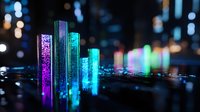 Glowing vertical columns with purple and turquoise illumination create futuristic cityscape visualization against dark background with bokeh lights effect.