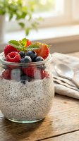 Chia seed pudding layered with fresh raspberries, blueberries, and strawberries in glass jar on wooden table with bright window light for healthy breakfast or dessert.