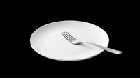 Empty white plate with silver fork isolated on transparent background, ready for dining, restaurant, food service, menu design, and culinary graphics.