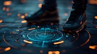 Futuristic hologram circle glows beneath sneaker on dark reflective surface with orange light effects and digital interface elements in cyberpunk style.