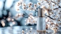 Luxury cosmetic bottle with spring cherry blossom flowers on blue background with bokeh lights, elegant skincare product photography for beauty brands.