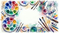 Watercolor paint palette with brushes, mixing containers, and colorful pigments arranged on white background for art supplies and creative projects.