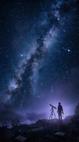 Astronomer silhouette observing Milky Way galaxy through telescope on rocky terrain under starry night sky for astronomy and space exploration concepts.