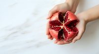 Hands holding fresh pomegranate cut in half, displaying red seeds and white pith on marble surface. Food styling for culinary, nutrition, and wellness content.
