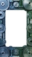 Industrial mechanical frame with gears, springs and metal components forming border on white background for engineering and technology designs.