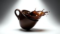 Dark brown coffee cup with dynamic liquid splash creating artistic motion against gradient background for beverage and cafe marketing materials.
