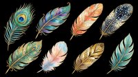 Colorful decorative feathers set with ornate patterns, isolated on transparent background. Great for stickers, t-shirt design, clipart, sublimation, and print on demand projects.