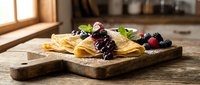 Delicious homemade crepes with fresh berries and mint on rustic wooden board in cozy kitchen setting for breakfast or dessert menu design.