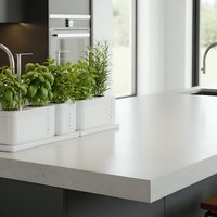 Fresh herbs growing in white planters on modern kitchen counter with natural light from windows creating clean cooking space for healthy meal preparation.