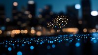 Magical glowing blue bokeh lights on dark water surface with blurred urban cityscape and golden lights in background at night. Dreamy atmospheric scene.