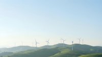 Wind turbines dotting rolling green hills under clear sky, representing renewable energy and sustainable power generation for environmental projects.