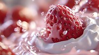 Fresh ripe strawberry splashing into cream or milk with water drops and dynamic motion, macro photography in red and white tones.
