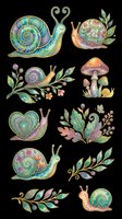 Decorative snails, mushrooms, and botanical elements with intricate patterns and vibrant colors, isolated on transparent background. Ready for t-shirt designs, stickers, clipart, sublimation, and print-on-demand projects.