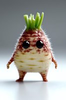 Cute cartoon character made from fresh turnip with green sprouts and big eyes, standing on gray background. Creative food art concept for healthy eating promotion.