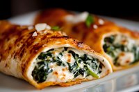 Freshly baked spinach and ricotta rolls with golden brown crust, creamy filling, and aromatic herbs served on white plate, close up view of appetizing pastry.