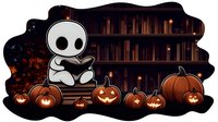 Cute ghost reading book among glowing jack o lanterns against spooky library background. Halloween cartoon character sits surrounded by carved pumpkins.