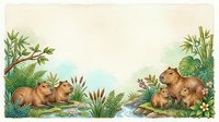 Capybaras resting by water in lush tropical vegetation with ferns and plants, isolated on cream background, suitable for children's book illustrations, nursery decor, and educational materials.