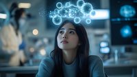 Young Asian woman looking up at glowing blue circles and data visualization elements in modern tech environment, representing artificial intelligence and future technology.