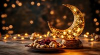 Golden decorative crescent moon lantern with dates and nuts on wooden surface against bokeh lights background, Ramadan and Eid celebration atmosphere.