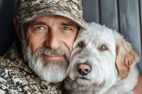 Senior Caucasian man with gray beard wearing camouflage cap embracing white mixed breed dog, close-up portrait showing bond between pet owner and companion animal.