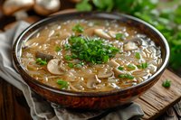 Homemade mushroom soup with rice noodles garnished with fresh chopped herbs in rustic ceramic bowl on wooden board, comfort food photography.
