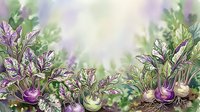 Young kohlrabi plants with purple and white bulbous stems growing in garden soil, surrounded by green foliage and blurred background, suitable for agricultural and gardening content.