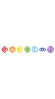 Seven colorful chakra symbols arranged in rainbow order from red to purple, isolated on white background. Suitable for wellness, meditation, yoga, and spiritual design projects.