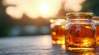 Golden honey in glass mason jars glowing in sunset light on wooden surface, with natural bokeh background creating warm atmospheric mood.