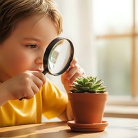 Young blonde child examining small succulent plant with magnifying glass in bright indoor setting for educational exploration and nature study activities.